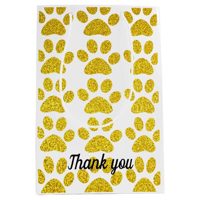 Vielen Dank Gold Glitzer Paw Prints Niedlich Hochz Mittlere Geschenktüte (Vorderseite)