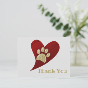Vielen Dank Gold Paw Print Red Heart Wertschätzung Postkarte