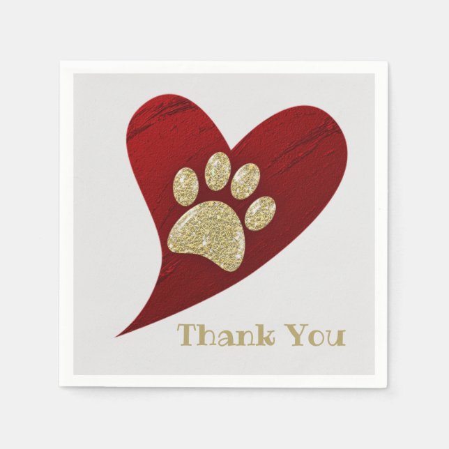 Vielen Dank Gold Paw Print Red Heart Wertschätzung Serviette (Vorderseite)