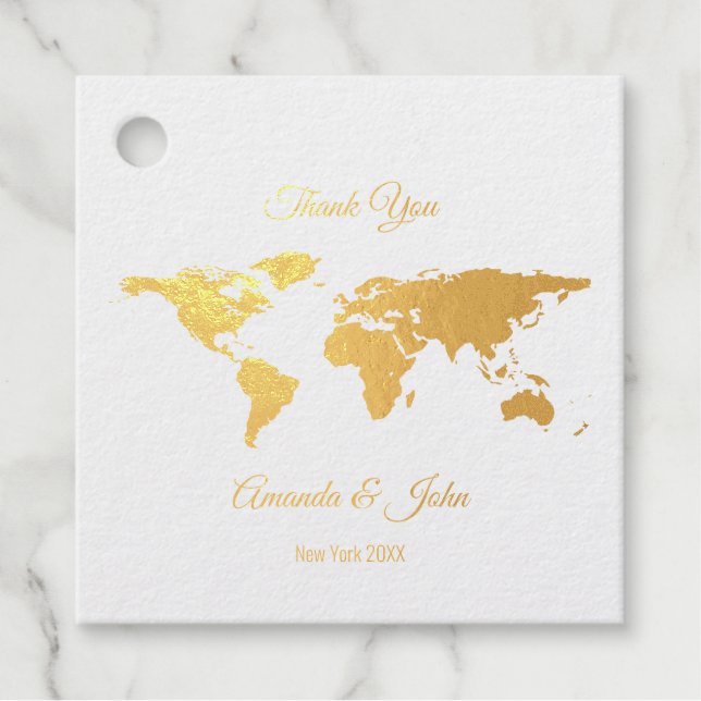 Vielen Dank Golden Foil World Map Destination Glob Geschenkanhänger (Vorderseite)