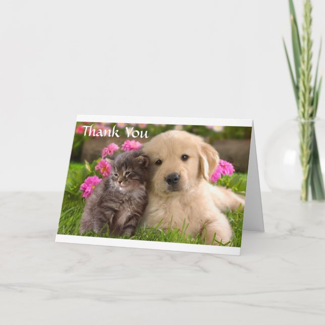 Vielen Dank Golden Retriever Welpe & Kitte Card Dankeskarte (Vorderseite)