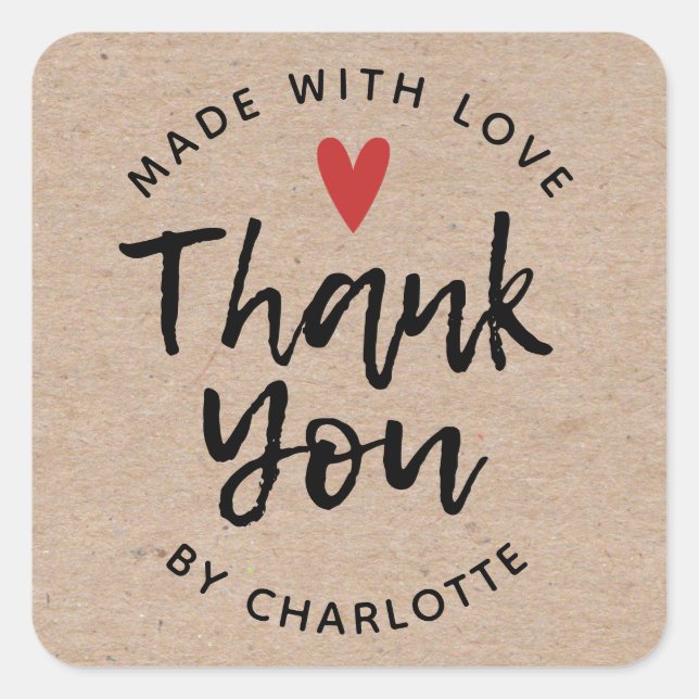 Vielen Dank, Handmade mit Liebe Rustic Kraft Class Quadratischer Aufkleber (Vorderseite)
