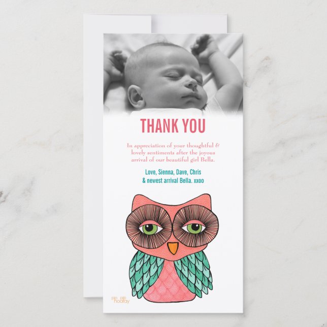 Vielen Dank Hinweis Baby Owl Foto Card Vorlage (Vorderseite)
