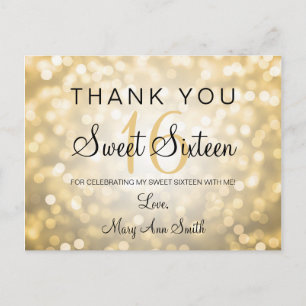 Vielen Dank Hinweis Sweet 16 Gold Glitzer Lights Postkarte