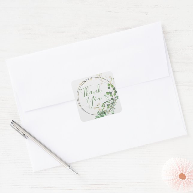 Vielen Dank Light Gray Greenery Wreath Quadratischer Aufkleber (Umschlag)
