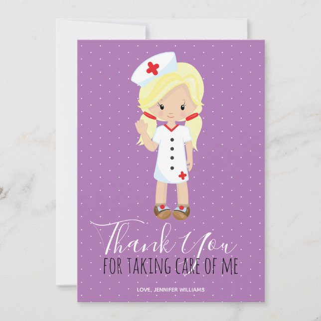 Vielen Dank, Lila Script Blonde Cartoon Nurse Dankeskarte (Vorderseite)