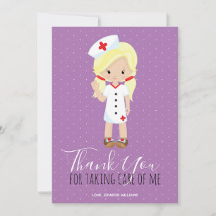 Vielen Dank, Lila Script Blonde Cartoon Nurse Dankeskarte