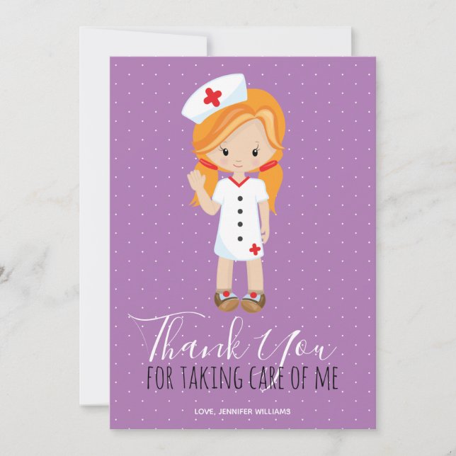 Vielen Dank Lila Script Ginger Cartoon Nurse Dankeskarte (Vorderseite)
