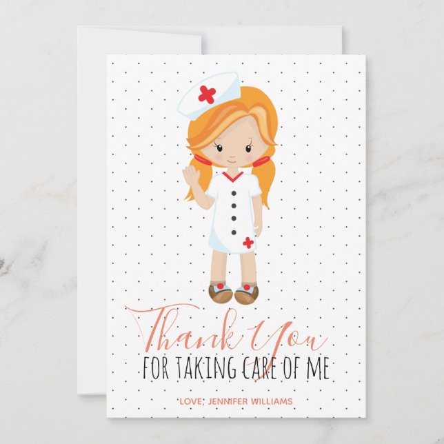 Vielen Dank Lila Script Polka dot Ginger Nurse Dankeskarte (Vorderseite)