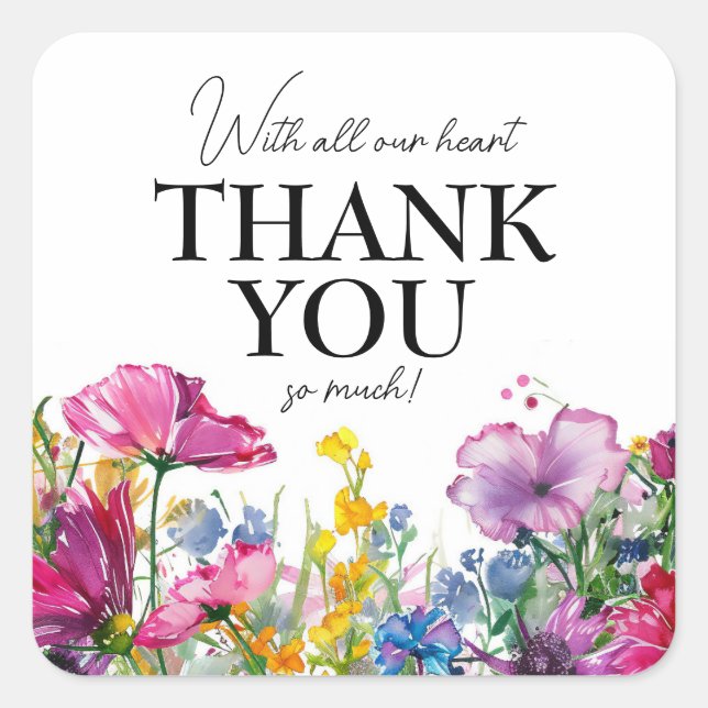 Vielen Dank 🌻 💗 🌹 Meadow Blooms Collection Quadratischer Aufkleber (Vorderseite)