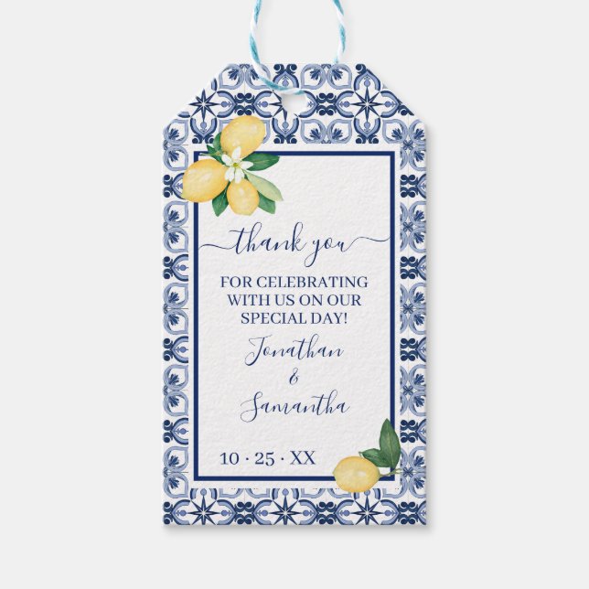 Vielen Dank, mediterrane Lemon Polterabend Gefalle Geschenkanhänger (Vorderseite)