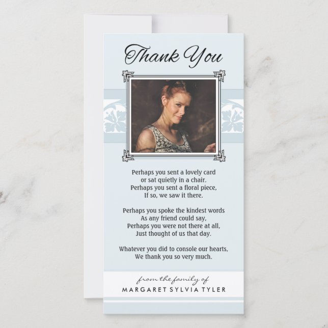 Vielen Dank Memorial Light Blue & White Foto Card Dankeskarte (Vorderseite)