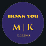 Vielen Dank Monogrammes Wedding Gold Yellow Blue Runder Aufkleber<br><div class="desc">Mit Monogramm-Initialen gedruckt (die Sie bearbeiten,  ändern und personalisieren können) in benutzerdefinierten blau goldgelben Farben mit angepasster Dankeschön-Nachricht!</div>
