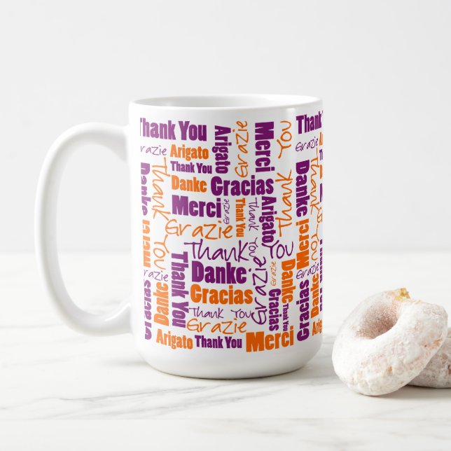 Vielen Dank Multilingual Typografy Lila Orange Tasse (Mit Donut)
