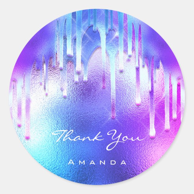 Vielen Dank Name 16. Bridal Pink Holographic Tropf Runder Aufkleber (Vorderseite)