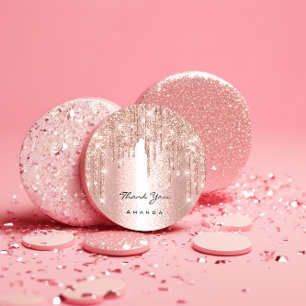 Vielen Dank Name 16. Bridal Rose Glitzer Pink Runder Aufkleber
