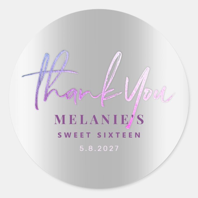 Vielen Dank Name 16th Bridal Lila Silver Runder Aufkleber (Vorderseite)
