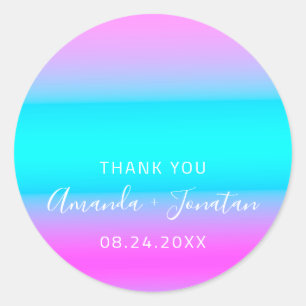 Vielen Dank Name Datum Blue Aqua Pink Ombre Runder Aufkleber