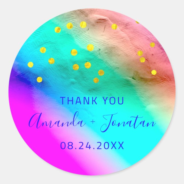 Vielen Dank Name Datum Blue Gold Confetti Rainbow Runder Aufkleber (Vorderseite)