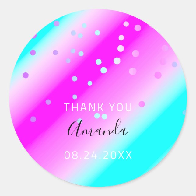 Vielen Dank Name Datum Blue Pink Oceanic Confetti Runder Aufkleber (Vorderseite)