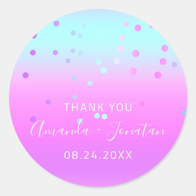 Vielen Dank Name Datum Blue Pink Pastel Confetti Runder Aufkleber (Vorderseite)