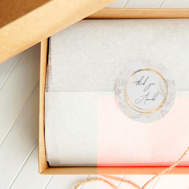 Vielen Dank Name Graue Blumenrahmen Circle Pastel  Runder Aufkleber (Thank You Name Gray Floral Frame Circle Pastel Cla Classic Round Sticker)