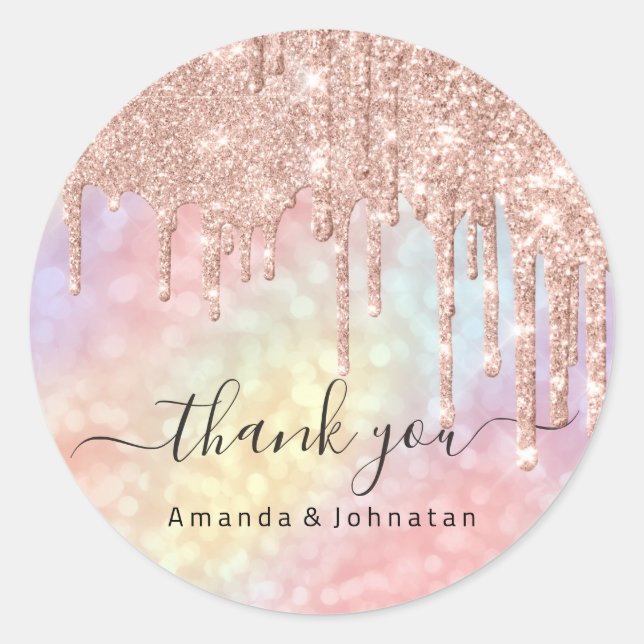 Vielen Dank Name Wedding Rose Glitzer Holographic Runder Aufkleber (Vorderseite)