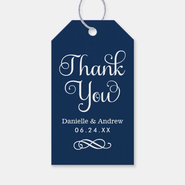 Vielen Dank Navy Blue Modern Script Hochzeit Geschenkanhänger (Vorderseite)