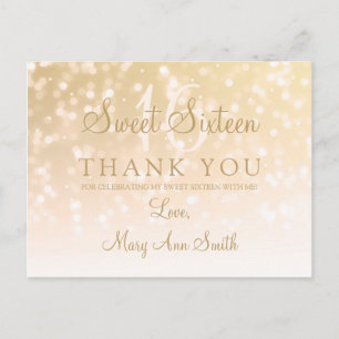 Vielen Dank Note Sweet 16 Gold Bokeh Sparkle Light Postkarte