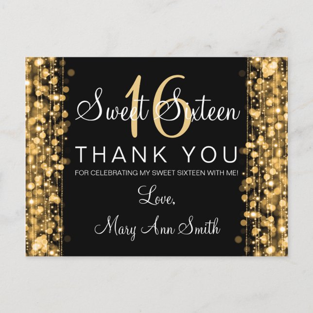 Vielen Dank Note Sweet 16 Party Glitzern Gold Postkarte (Vorderseite)
