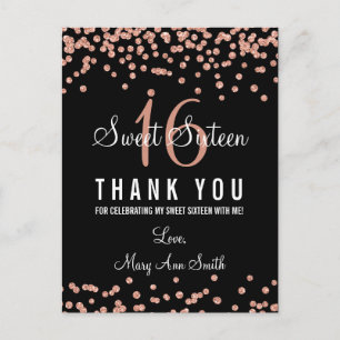 Vielen Dank Note Sweet 16 Rose Gold Glitzer Confet Postkarte