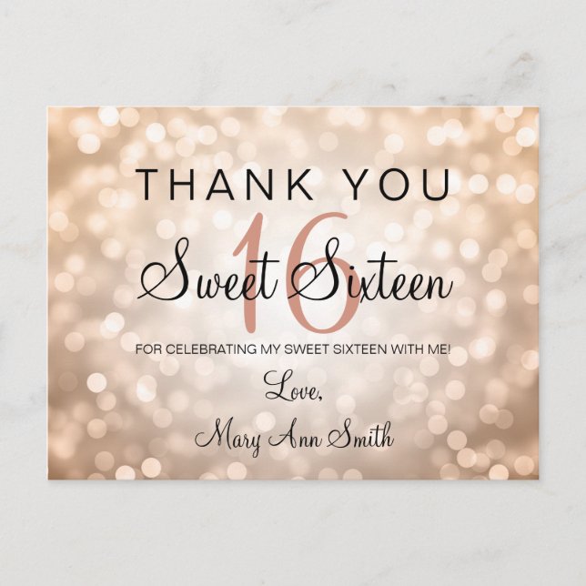Vielen Dank Note Sweet 16 Rose Gold Glitzer Lights Postkarte (Vorderseite)