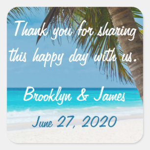 Vielen Dank Palmen am Strand Hochzeitskleber Quadratischer Aufkleber
