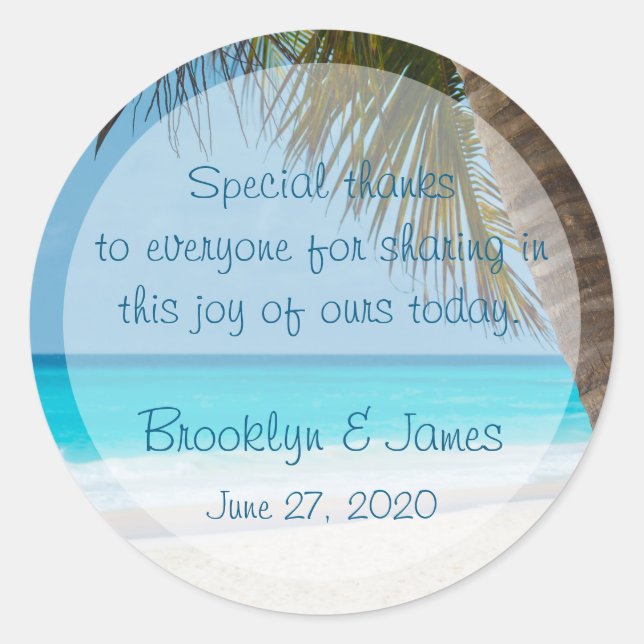 Vielen Dank Palmen am Strand Hochzeitskleber Runder Aufkleber (Vorderseite)