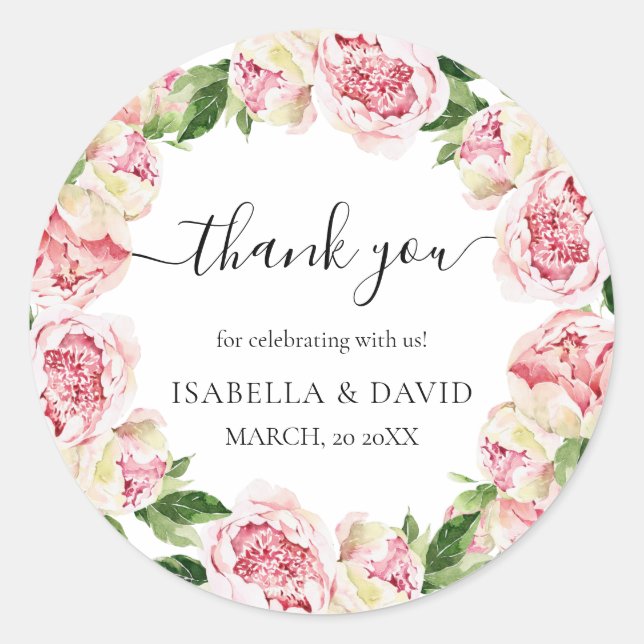 Vielen Dank Peonies Floral Romantic Brautparty Runder Aufkleber (Vorderseite)