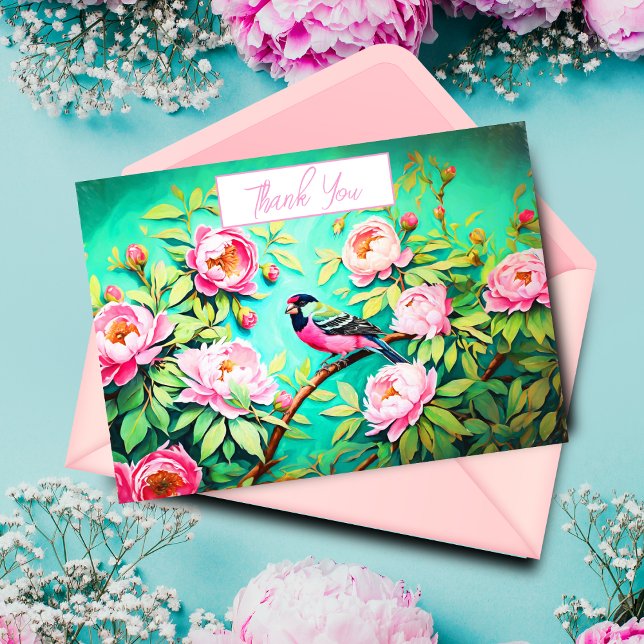 Vielen Dank Peony Pine Gosbeak ai Kunstwerk Karte (Send a heartfelt thank you with this beautiful botanical thank you card created by ai artwork.)