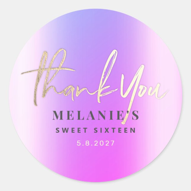 Vielen Dank Personalisiert 16. Bridal Lila Gold Runder Aufkleber (Vorderseite)