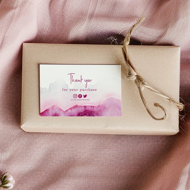 Vielen Dank, pink aginieren Karte soziale Links ei (Pink agate effect enclosure card that says "Thank you for your purchase" and social media icons)
