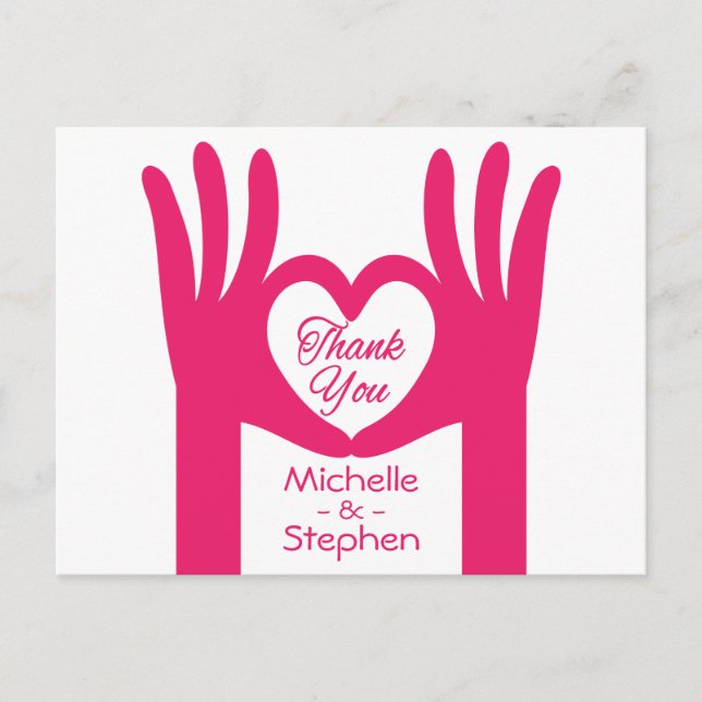 Vielen Dank Pink Fuchsia Hand Herz Personalisiert Postkarte (Vorderseite)