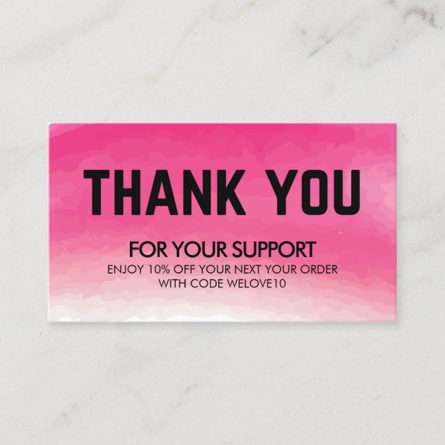 Vielen Dank Pink Watercolor Discount Business Visitenkarte (Vorderseite)