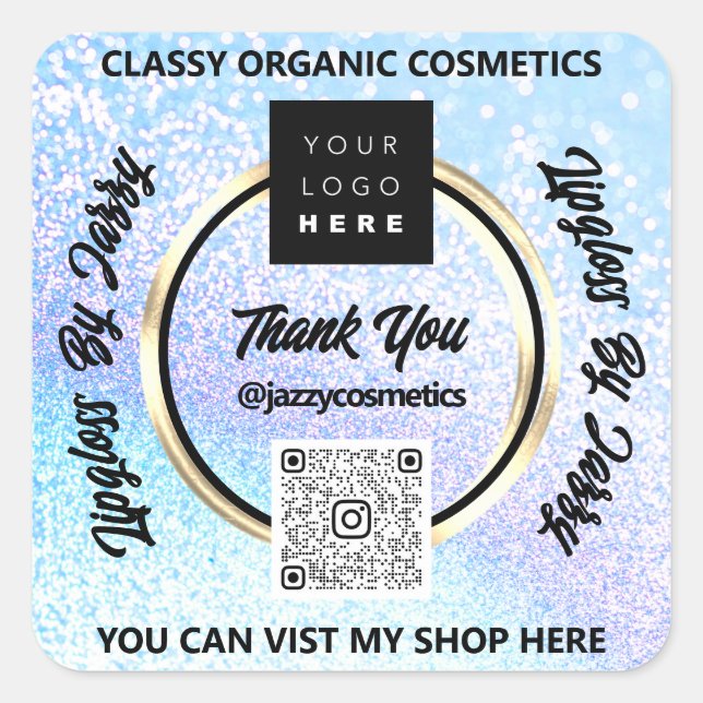 Vielen Dank, QR-Code Logo Blue Glitzer Quadratischer Aufkleber (Vorderseite)