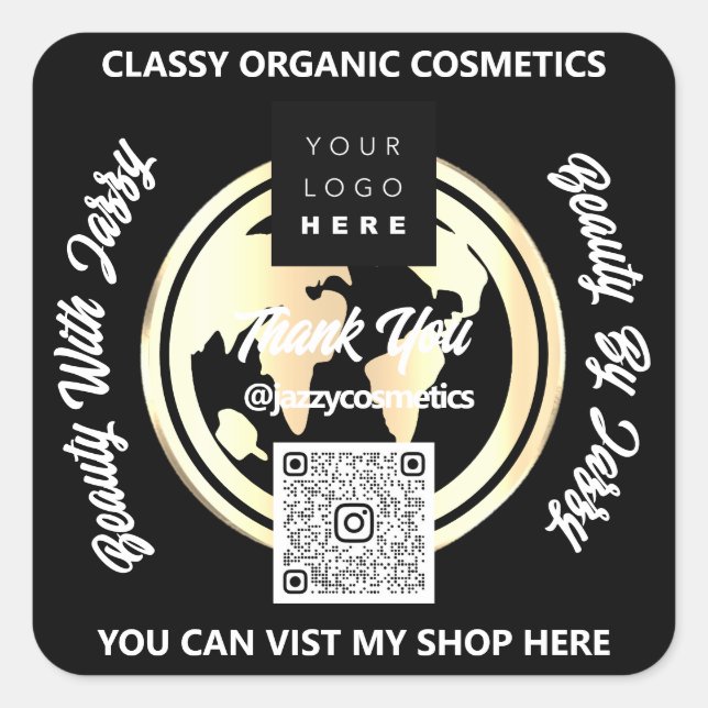 Vielen Dank QRCode Logo Silver Map Globe Black Quadratischer Aufkleber (Vorderseite)