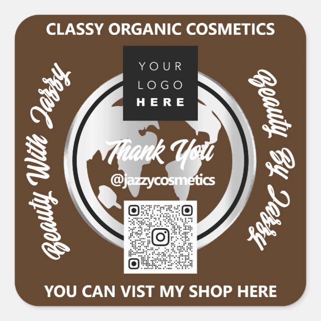 Vielen Dank QRCode Logo Silver Map Globe Brown Quadratischer Aufkleber (Vorderseite)