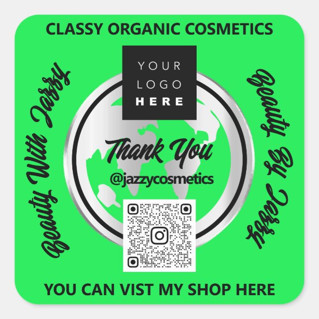 Vielen Dank QRCode Logo Silver Map Globe Green Quadratischer Aufkleber (Vorderseite)