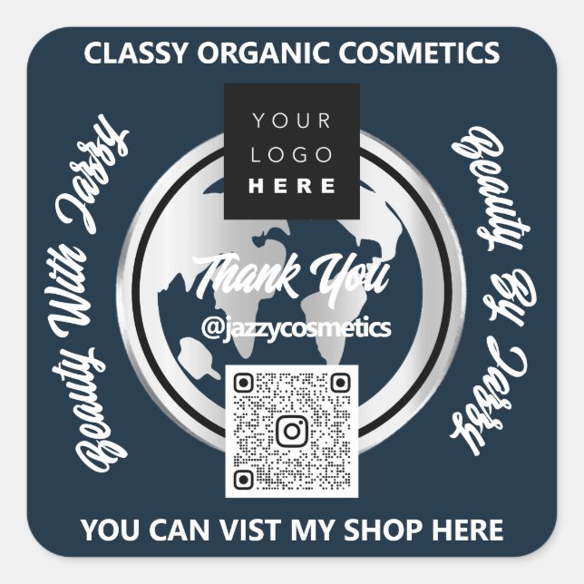 Vielen Dank QRCode Logo Silver Map Globe Navy Quadratischer Aufkleber (Vorderseite)