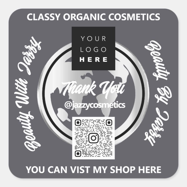 Vielen Dank QRCode Logo Silver Map Globe Smoky Quadratischer Aufkleber (Vorderseite)
