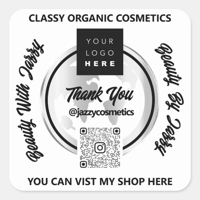 Vielen Dank QRCode Logo Silver Map Globe White Quadratischer Aufkleber (Vorderseite)