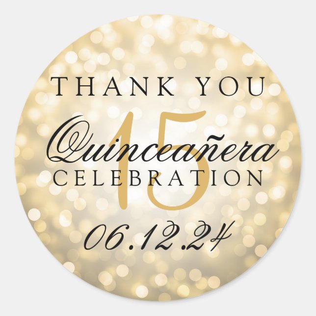 Vielen Dank Quinceanera Birthday Gold Bokeh Lights Runder Aufkleber (Vorderseite)