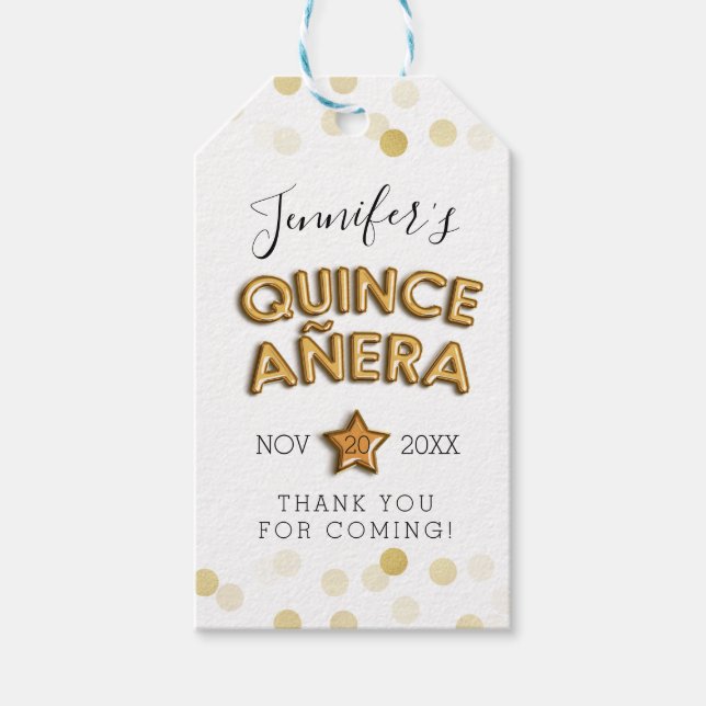Vielen Dank Quinceañera Gold Geburtstagsballons Geschenkanhänger (Vorderseite)