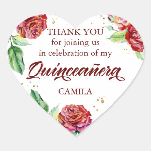 Vielen Dank Red Gold Floral Watercolor Quinceanera Herz-Aufkleber